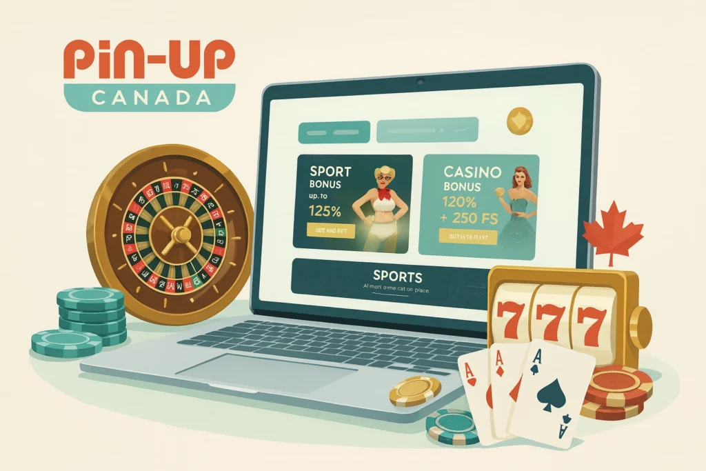 Pin-Up Canada homepage visual with laptop, roulette, chips, cards, slot 777 and maple leaf in a new light color palette