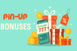 Pin-Up Bonuses – voucher 777, gift boxes, coins and promo tag on turquoise background