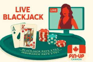 Live Blackjack at Pin-Up Canada – dealer streaming on screen with blackjack table, A-K cards and chips