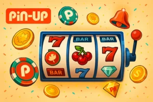 Pin-Up slot machine with 7s, cherries, BAR symbols; branded chip with P logo and Canadian maple-leaf coins on a warm light background