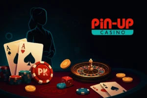 Pin-Up Live Casino Canada – roulette wheel, dealer silhouette, chips and cards on a dark table