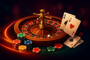 Roulette wheel with ball, poker chips and playing cards on a dark casino table